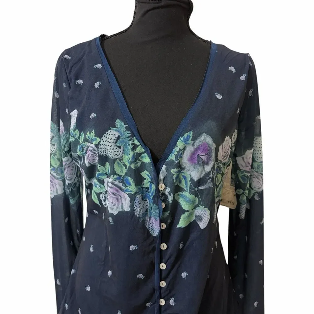 Free people Blue Floral Print Button Down Sheer/Mesh(Size Small)